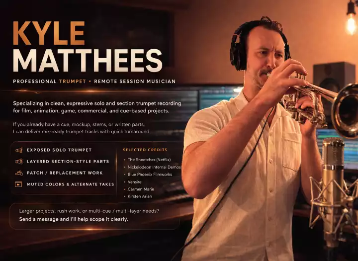 Solo or section trumpet for cue-based projects. Film, animation, game, and production work. Mix-ready tracks delivered from a professional setup.