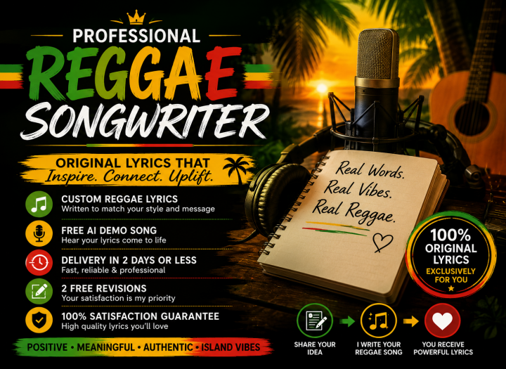 I WILL HAND WRITE CUSTOM Reggae SONG LYRICS  PLUS INCLUDE FREE DEMO SONG