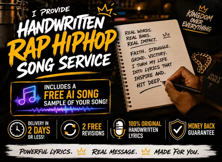 I will hand write Custom, Clean, Powerful Rap & Hip-Hop Lyrics for your Songs with Meaning and Flow PLUS INCLUDE FREE DEMO SONG