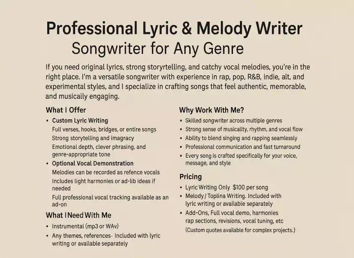 Professional Lyric & Melody Writer | Songwriter for Any Genre