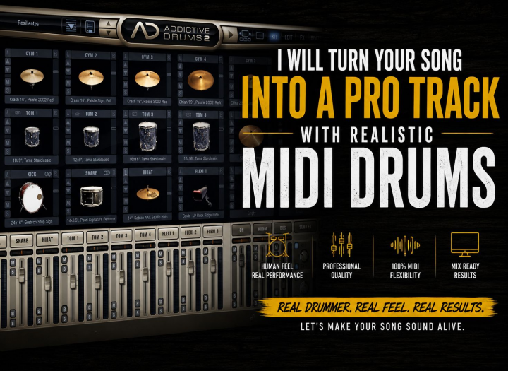 I will turn your song into a pro track with realistic MIDI drums