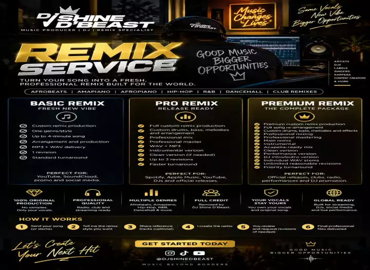 I will create an Original REMIX of Your SONG to a  (HIPHOP, AFROBEATS, R&B) Song